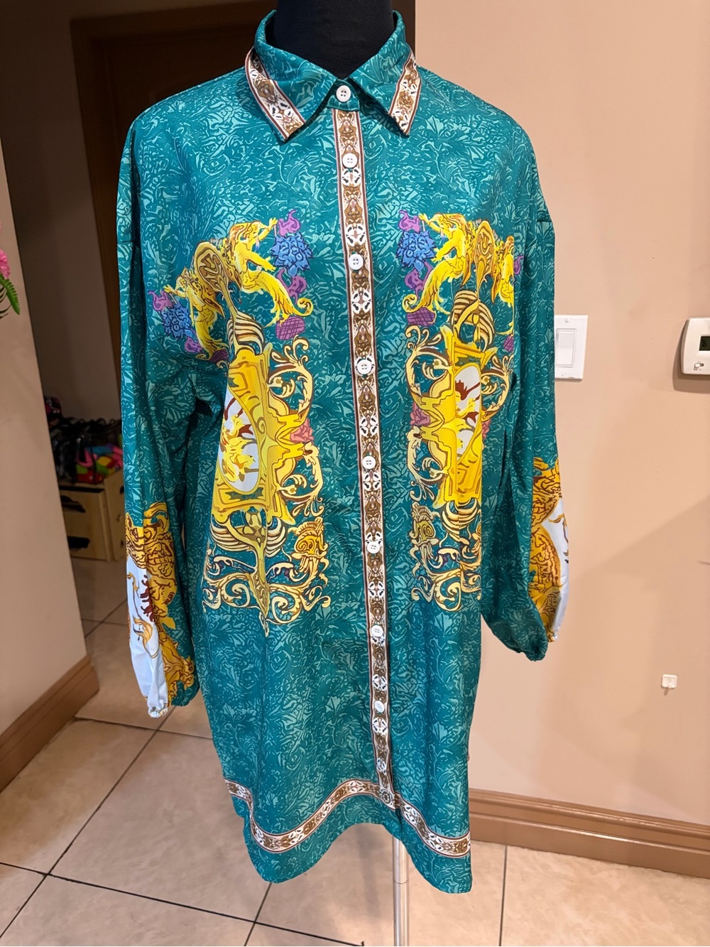Teal Printed Long-Sleeve Coat Shirt - Bold Baroque Motif